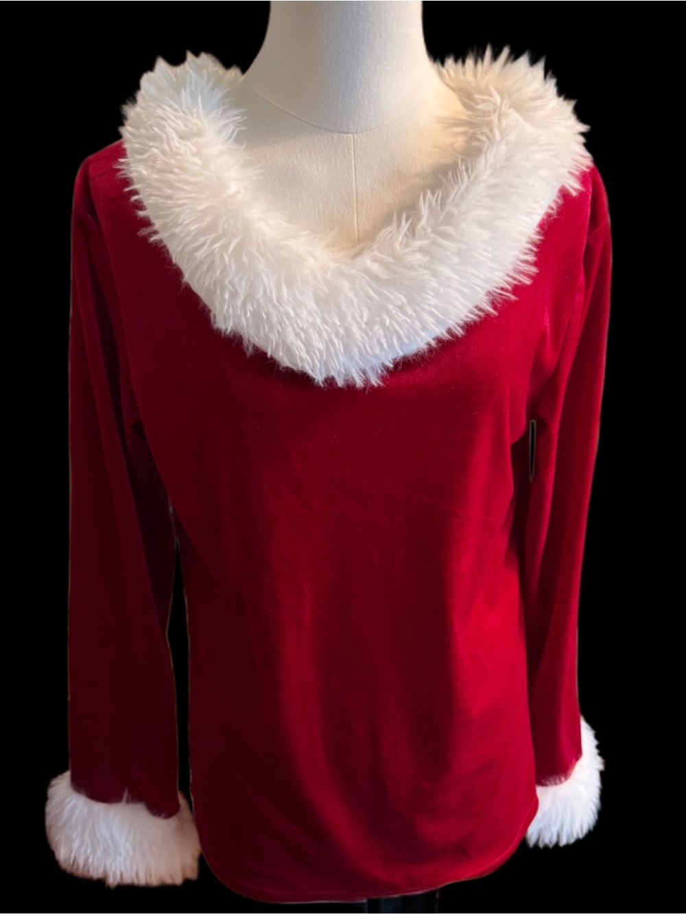 Women’s Small Christmas V Neck Fur Trim Velvet Pullover Holiday Santa Top
